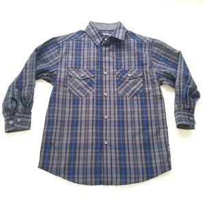 💥 3/$15 - Gray Black & Blue Plaid Button Down Shirt Size 8